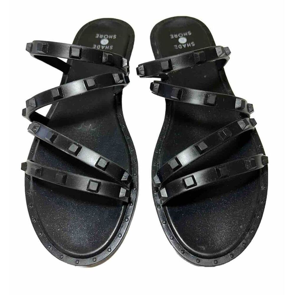 Shade & Shore Black Soft Slide Studded Strappy Sandals Size 7